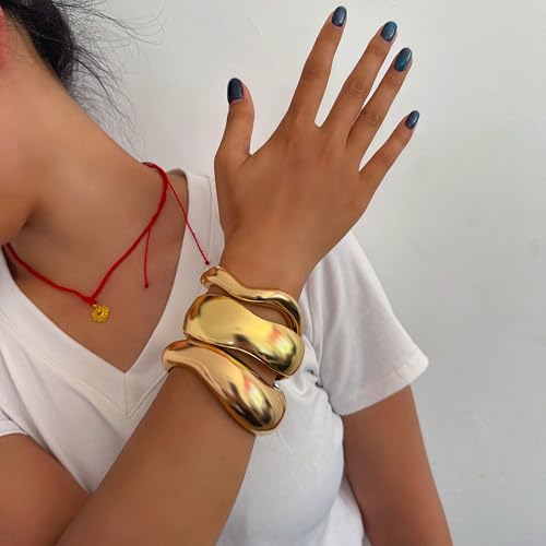 Big Chunky Gold Bracelets Set for Women 3Pcs Cuff Wide Bracelet Trendy High Shine Bracelets Minimalist Open Wide Cuff Bracelets Gold Bangle Bracelet Jewelry for Women - style: A-Gold