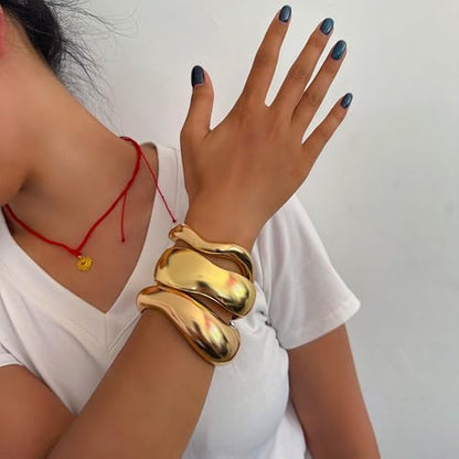 Big Chunky Gold Bracelets Set for Women 3Pcs Cuff Wide Bracelet Trendy High Shine Bracelets Minimalist Open Wide Cuff Bracelets Gold Bangle Bracelet Jewelry for Women - style: A-Gold