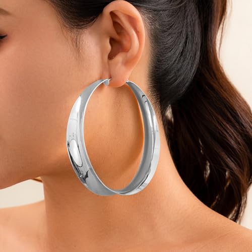 Large Hoop Earrings for Women Lightweight Chunky Earrings | Big Hoop Earrings for Women Chunky Jewelry 70s Outfits for Women - style: Hoop-Silver-03