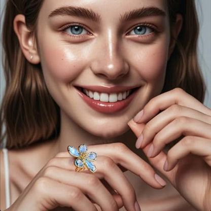 Large Flower Crystal Ring, Crystal Petal Ring, Size Adjustable, Fashion Ladies Must - color: Blue