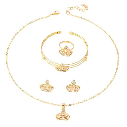 Women's Crown Jewelry Set Gold Plated Costume Jewelry, Elegant Royal Queen Crown Necklace Earrings Bracelet Ring 4 Pieces Set for Wedding Party Prom Formal Occasions
