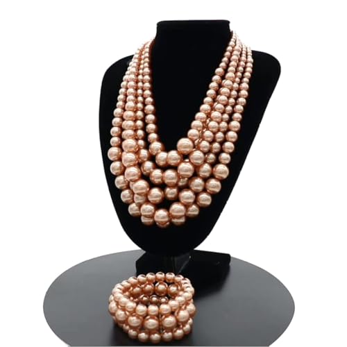 Faux Big Pearl Srand Necklaces for Women 5 Layers Pearls Choker Bib Collar Necklace Bracelet and Earrings set 1920s Costume Pearl Jewelry Bridal Wedding - color: champagne