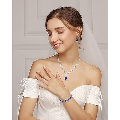 GULICX AAA Cubic Zirconia CZ Silver Plated Base Women's Party Jewelry Set Earrings Pendant Necklace - color: Blue Set with Teardrop Bracelet