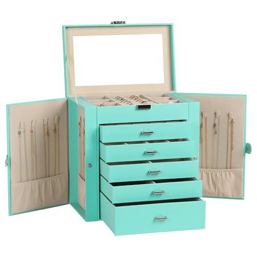 Frebeauty 6-Layer Jewelry Box for Women,Large Jewelry Organizer with Drawer | Faux Leather,Built-in Mirror,Spacious Jewelry Storage,16 Necklace Hooks,Organizing by Category for Rings Earrings Bracelet - color: Turquoise, size: Large