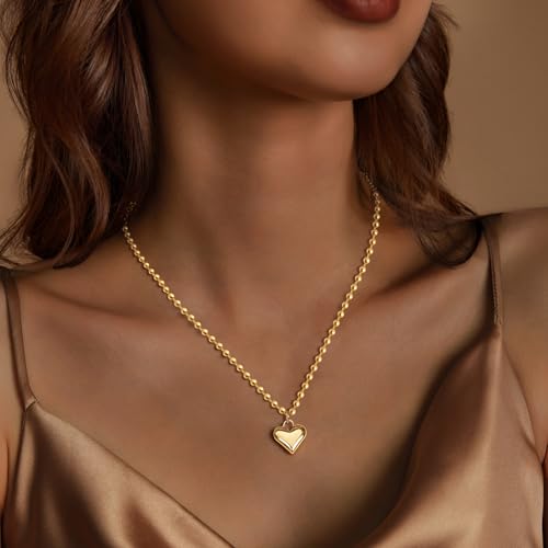 HERIER Cute Heart Necklace Dainty 18k Gold Plated Tiny Heart Pendant Choker Necklaces Small Gold Love Open Heart Chain Necklace for Women Simple Gold Necklace for Women Trendy Jewelry - color: Beaded Chain Heart-Gold