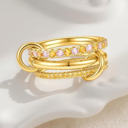 Cicy Bell Interlocking Ring for Women 18k Gold Plated CZ Stack Ring Set - color: Style F-Gold, size: 6