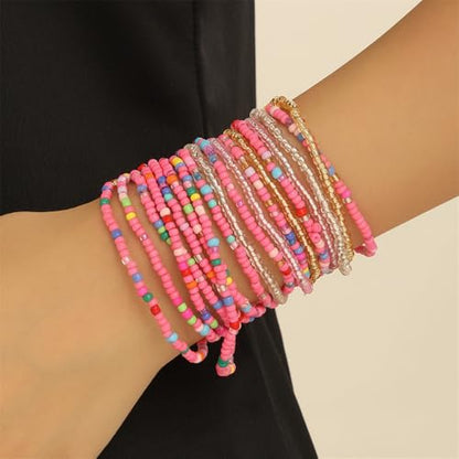 18Pcs Boho Stackable Beaded Bracelets for Women Colorful Handmade Multilayered Rice Beads Anklets Set Summer Beach Bohemian Jewelry Gift - color: Style 1 Pink A