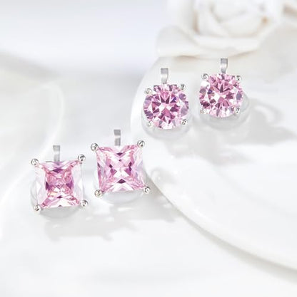 YOQUCOL 2 Pairs 8MM Cubic Zirconia Crystal Clip On Stud Earrings Non Pierced Stud Earrings For Women - color: Pink