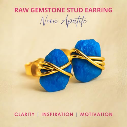 Gempires Wire Wrapped Raw Gemstone Stud Earrings for Women, Birthstone | Handmade wire-wrapped raw gemstone stud earrings — choose from stones and birthstones, artisan raw crystals on gold. - style: Neon Apatite