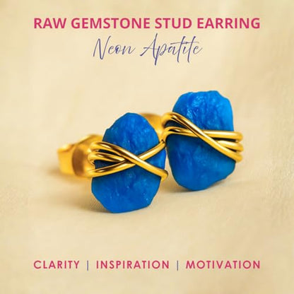 Gempires Wire Wrapped Raw Gemstone Stud Earrings for Women, Birthstone | Handmade wire-wrapped raw gemstone stud earrings — choose from stones and birthstones, artisan raw crystals on gold. - style: Neon Apatite