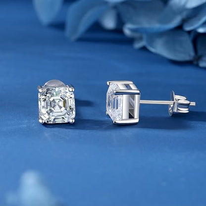 925 Sterling Silver 2-4 Carat Lab Simulation-Diamond Stud Earrings 5A Cubic Zirconia Stud Earrings Hypoallergenic White Gold Plated, Perfect Jewelry Gifts - style: Asscher Cut 7MM