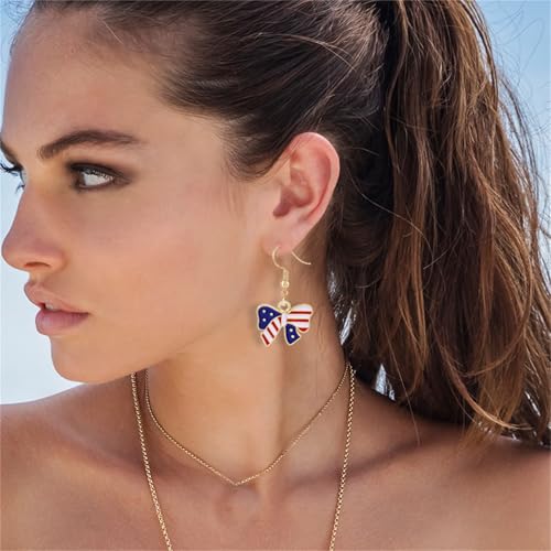 4th of July Earring Bracelet And Necklaces Jewelry Set for Women Men Personalized Red White and Blue Patriotic American Flag Dangle Drop Earrings Independence Day Holiday Accessories Gifts - style: bow