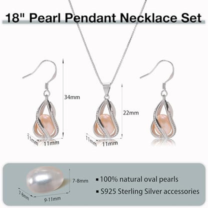 Pearl Jewelry Set For Women S925 Sterling Silver/14K Gold Plated Necklace & Earrings Set Freshwater Pearl Pendant Cage Set for Wedding Anniversary Prom Birthday Gift - color: Silvery-Pink