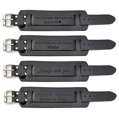 Jovivi Cutom Leather Bracelet - Personalized Punk Men Women Black Brown Wide Genuine Leather Wrap Cuff Bangle Bracelet Belts Wistband, Adjustable 7.2"-9" - color: Black(Engraving)