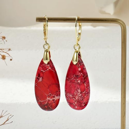 Natural Healing Teardrop Stone Leverback Dangle Drop Earrings Statement Gold earrings - color: Red -Gold