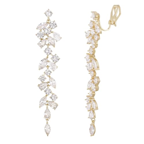 EVER FAITH Gorgeous Wedding Prom Jewelry Round Marquise Cubic Zirconia Teardrop Crystal Chandelier Bridal Dangle Clip on Earrings for Women Brides - color: Clear Gold-Tone