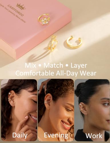 Carffordo 3Pcs Ear Cuffs Non Piercing for Women, Dainty Clip on Earrings | Trendy 14K Gold Plated Ear Cuff with Cubic Zirconia, Fake Piercing Cartilage Earrings, Lightweight Jewelry for Daily Wear - color: 3pcs-hoop-1