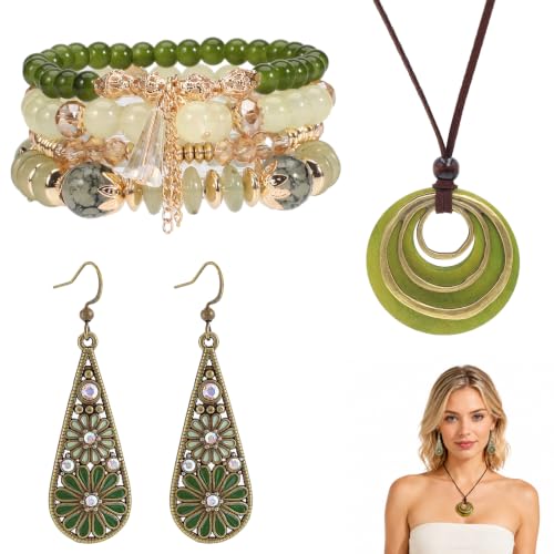 3 Pcs Boho Jewelry for Women Set, Disc Necklace Crystal Teardrop Earrings Beaded Bracelet, Bohemian Style Jade Jewelry Fit Warm-Weather Beach Vacation Accessories