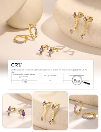 3 Pairs Stackable Kite Stud Earrings Set for Women Trendy | Dainty Birthstone Stud Gold & 925 Sterling Silver Huggie Hoop Jacket Stack Earrings for Women 2026 - color: Gold-Purple Amethyst