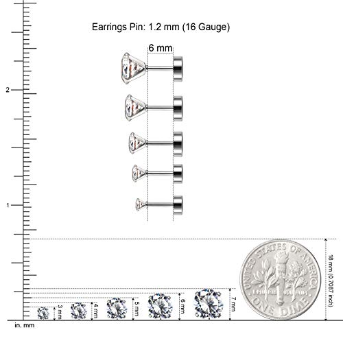 JewelrieShop Cartilage Tragus Earring Stainless Steel Stud Piercing Earring Flat Back Earrings Stud Flatback Screw Back Earrings for Women Men (16G, 6mm Bar Length, 3mm-7mm CZ, 5 Pairs) - color: 04. Steel with White Black CZ