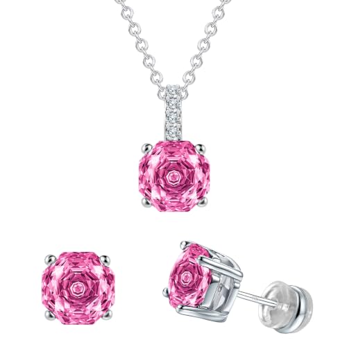 Rose Cut Silver Solitaire Necklace and Earring Set for Women, Jewelry Gift | Rose Cut, Cubic Zirconia, Necklace and Stud Earrings Set, Jewelry Set, Minimalist - color: Pink