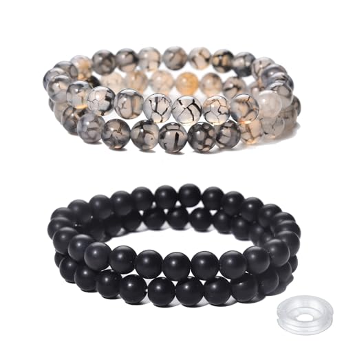 Crystal Beaded Bracelets Set, 4 Piece Gemstone Stretch Bracelets, Rose Quartz, Agate,Jasper, Tiger Eye and Multicolor Glass Beads with String - style: Type 5(Black Dragon Vein+Black onyx)