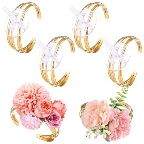 Hotop 4 Set Gold Corsage Wrist Bracelet Bands Hollow Wide Wire Bride Bracelet Adjustable Wrist Corsage DIY Wedding Wristband Wide Open Cuff Accessory for Bridal Party Prom - color: Gold, style: Hollow Wide Wire
