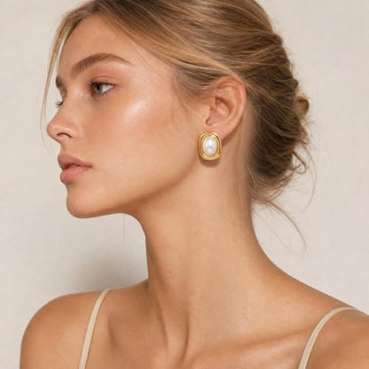 Chunky Gold Stud Earrings for Women 18K Gold Plated Hypoallergenic Chunky Statement Earrings Big Natural Crystal Stone Earring Gift for Women - color: Pearl