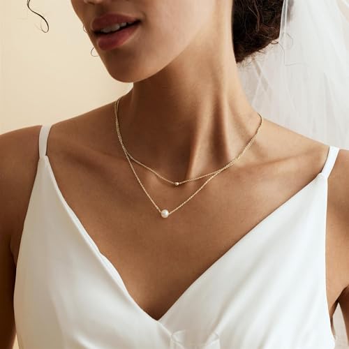 Plenky Pearl Necklaces for Women-14k Gold Plated Layered-Single Pearl Necklace Simple Pearl Choker Necklaces for Women Trendy Cute Gold Necklace Jewelry for Women Gifts - style: Double Gold Pearl Necklace