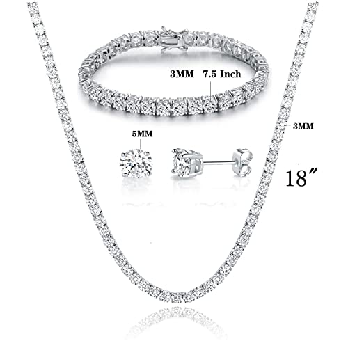 18K White Gold Plated Tennis Necklace/Bracelet/Earrings Sets Pack of 3 - style: 3.0mm with 7.5In bracelet&18In necklace
