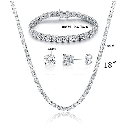 18K White Gold Plated Tennis Necklace/Bracelet/Earrings Sets Pack of 3 - style: 3.0mm with 7.5In bracelet&18In necklace