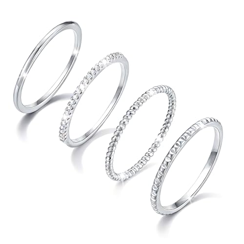 Lunvky Silver Stacking Rings for Women 14K Gold Plated Ring Non Tarnish Thin Trendy Stackable Dainty Cubic Zirconia Finger Pinky Thumb Wedding Band Rings Set Jewelry Gifts Size 5-10 - color: B-Silver, size: 8
