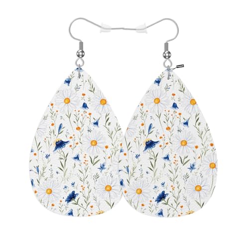 Daisy Faux Leather Earrings Wild White Poppies Flower Blossom Nature Teardrop Leather Dangle Earrings Women Earrings For Wedding Bridal - color: Daisy