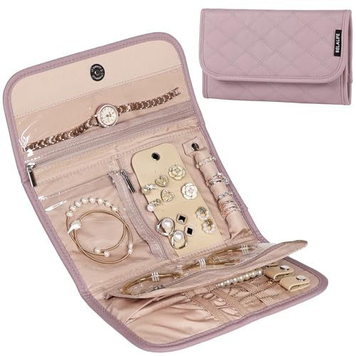 BELALIFE Travel Jewelry Case, Jewelry Organizer Roll for Accessories | Bag with foldable roll design for earrings, necklaces, rings, bracelets and brooches, Peach Pink - color: Peach-Pink, size: Medium