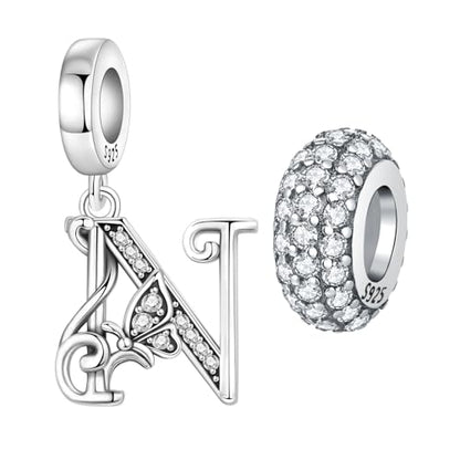 2 Pack 925 Sterling Silver Butterfly Letter Charms for Bracelets and Necklace Alphabet Initial Dangle Pendants Round Spacer Beads Pave Cubic Zirconia Jewelry Gift for Women - color: N Set