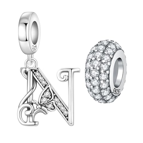 2 Pack 925 Sterling Silver Butterfly Letter Charms for Bracelets and Necklace Alphabet Initial Dangle Pendants Round Spacer Beads Pave Cubic Zirconia Jewelry Gift for Women - color: N Set