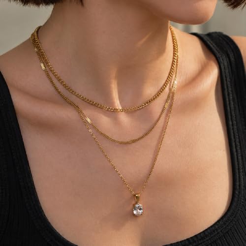 Layered Gold Necklaces for Women,18K Plated Gold Zirconia Necklace | Non Tarnish Trendy Jewelry Gift Cuban Chain Choker - color: color-2