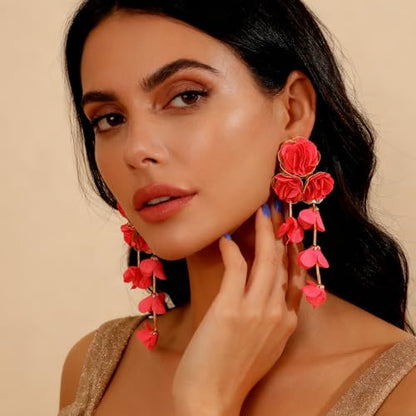 Fabric Flower Earrings for Women Colorful Long Tassel Floral Drop Earrings Fashion Boho Exaggerated Statement Beach Party Jewelry - color: red