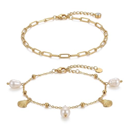 Dainty Gold Shell Pearl Ankle Bracelets for Women, Trendy Anklet Stack Charm Bracelet Adjustable Chain Summer Ocean Beach Accessories Fashion Jewelry Gift - color: Paperclip Chain