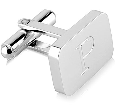 18K White-Gold Plated Initial Engraved Stainless Steel Men’s Cufflinks With Gift Box -Personalized Alphabet Letter’s A-Z By Lux & Pair - style: P- White Gold