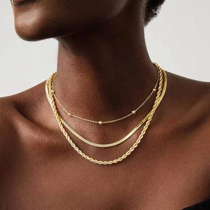 Turandoss Layered Necklaces for Women, 14K Gold Plated Chain Necklace Stack | Non Tarnish Gold Necklaces for Women, Toggle Clasp Herringbone Rope Satellite Cuban Link Chain Necklace, Trendy Jewelry Gifts - color: herringbone+satellite+rope-1