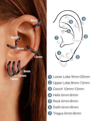 PROSTEEL Huggie Hoop Earrings For Women with 925 Sterling Silver Post | 8/10/12/14/16/18/20mm,14K Gold Plated/Black/Rose Gold/Silver Brass Lightweight Cubic Zirconia Cartilage Piercing Earring - color: 1. Black, size: 14mm