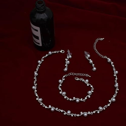 Bridal Pearl Choker Necklace Earrings Bracelet Wedding Crystal Jewelry Set for Women Brides Bridesmaid Prom - color: White-Platinum Plated