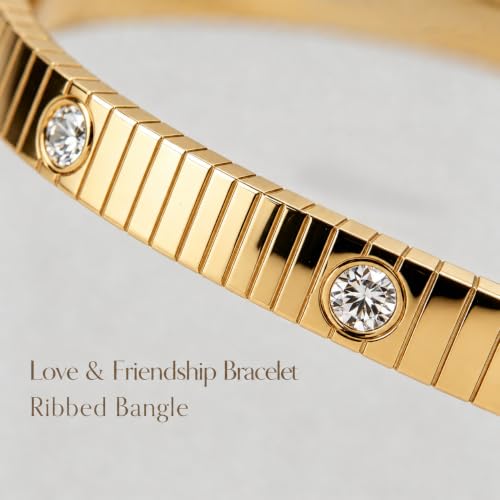 AuraLyric Gold Bracelets for Women, 14K Gold Plated Nail/Love/Emerald Green/Teardrop/Round White CZ Bangle Bracelets, Stackable Gold Bangles Non Tarnish, Gifts for Wife Mom Daughter 6.5 Inch - color: White CZ - Bezel Set
