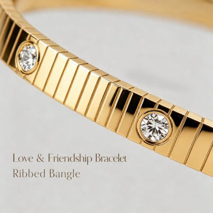 AuraLyric Gold Bracelets for Women, 14K Gold Plated Nail/Love/Emerald Green/Teardrop/Round White CZ Bangle Bracelets, Stackable Gold Bangles Non Tarnish, Gifts for Wife Mom Daughter 6.5 Inch - color: White CZ - Bezel Set