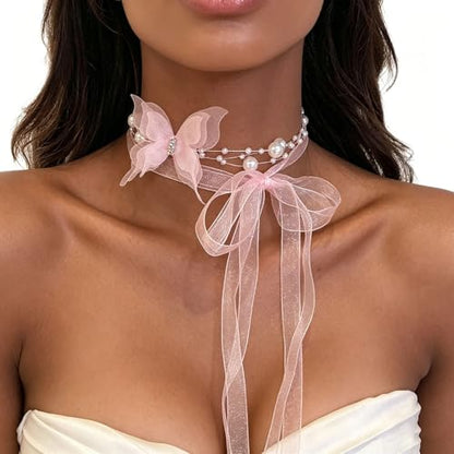 Lace Butterfly Necklace Dainty Pearl Beaded Bow Tie Ribbon Necklaces Long Elegant Lace Fairy Tassel Choker White Black Pink Blue Butterfly Choker Necklaces Cute Butterfly Jewelry Y2K Aesthetic Jewlery for Wedding Party Prom - color: Pink