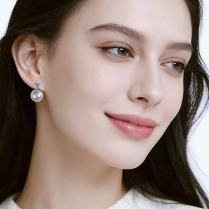 Faux Pearl Cubic Zirconia Stud Earrings, Hypoallergenic Lightweight Round Pearl Studs for Women - color: Pinkish White, size: Pearl 12mm-CZ 6mm