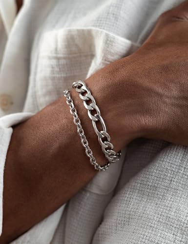 Silver Bracelet Set for Men, Figaro and Cable Link Chain | Stainless steel Figaro and cable link bracelets for stacking, daily wear, and gifts - color: Style1-8 inch