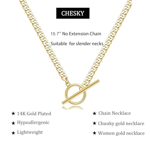 CHESKY 14K Gold Plated Layered Chain Necklace for Women | Trendy Cuban Link Chain, Chunky Paperclip Chain, Toggle Clasp Necklace, Fashion Gold Jewelry, Daily Gift for Women - style: Toggle+Bar