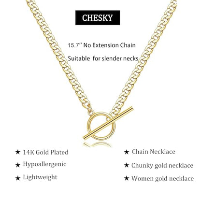 CHESKY 14K Gold Plated Layered Chain Necklace for Women | Trendy Cuban Link Chain, Chunky Paperclip Chain, Toggle Clasp Necklace, Fashion Gold Jewelry, Daily Gift for Women - style: Toggle+Bar